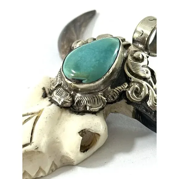 Western Steer Skull Style Pendant Turquoise Stone Southwestern Necklace Charm 3” - Picture 7 of 8